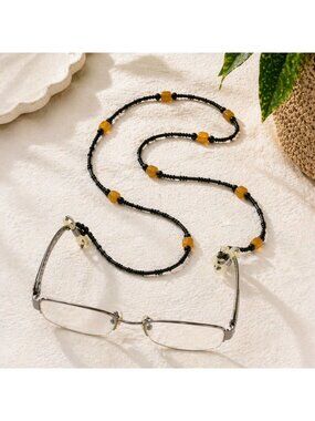 Black & Amber Beaded Eyeglass Chain Holder Strap 28 Inches Adjustable Loops Ligh